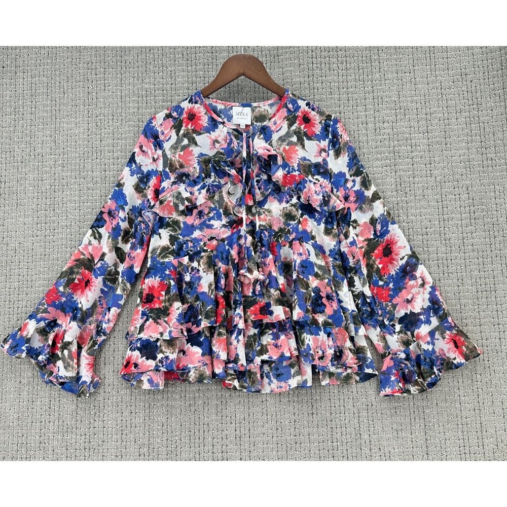 Misa Los Angeles Top Womens Size XS Multicolor Floral Ruffle Tie Neck